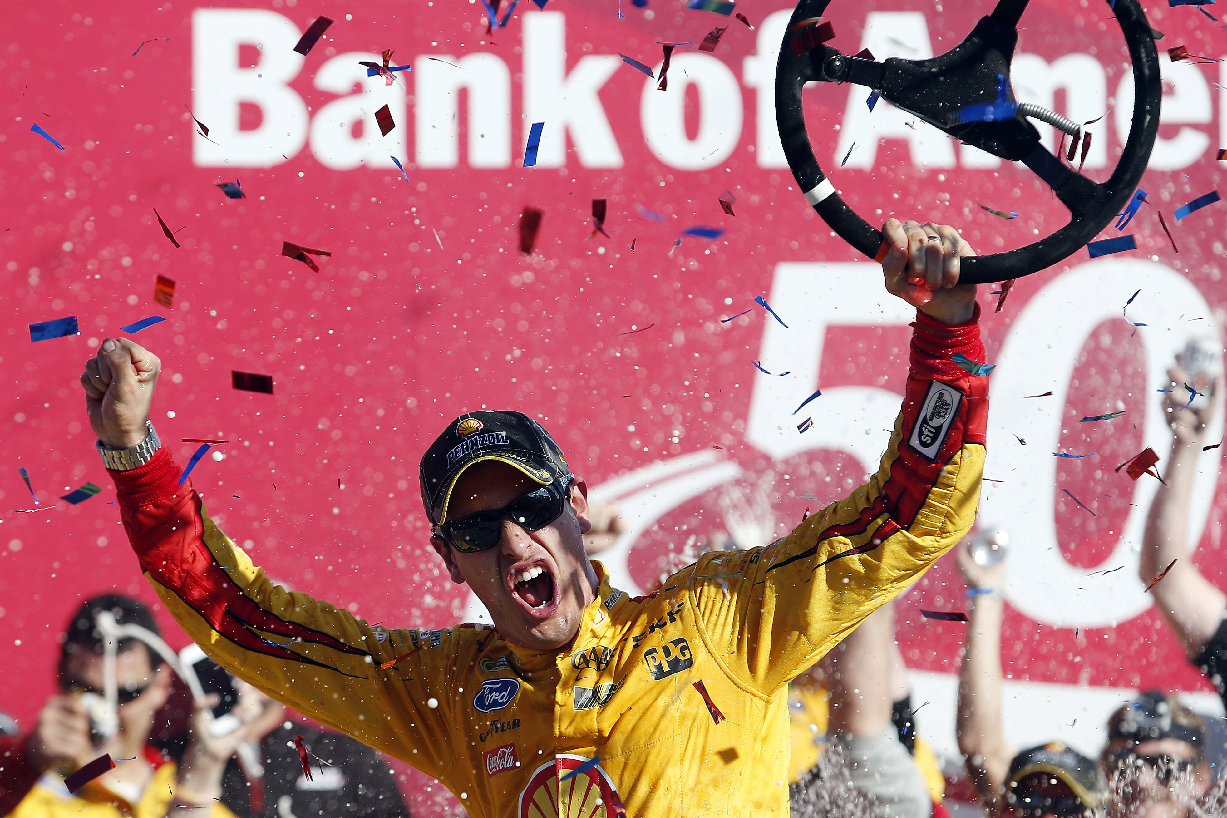 NASCAR Cup Series driver Joey Logano (22) celebrates winning the Bank of America 500. Source: Imagn